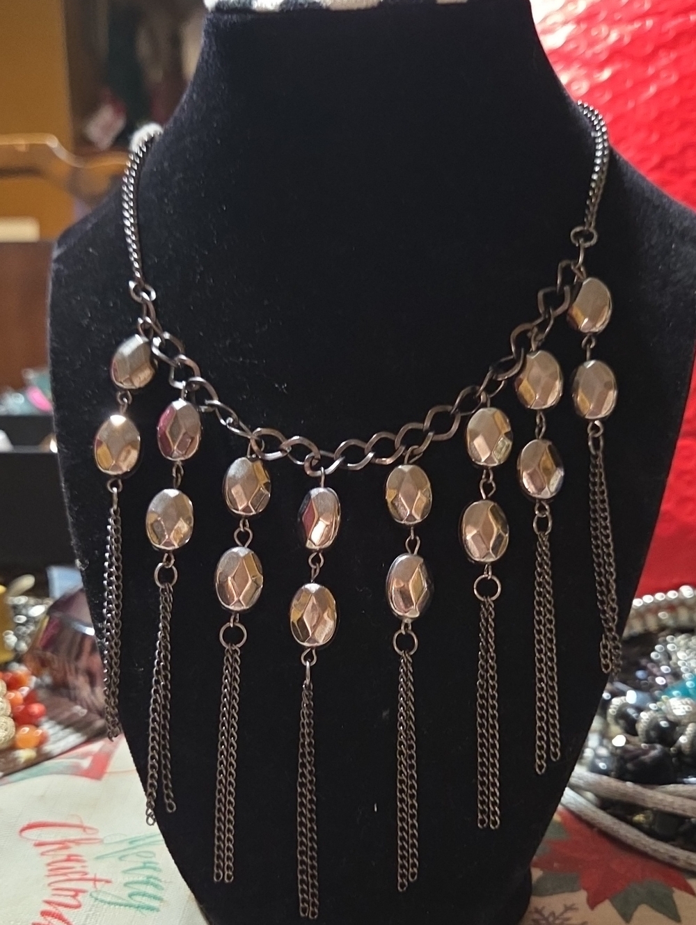 90s Black Gunmetal-Tone Faceted Fringe Necklace